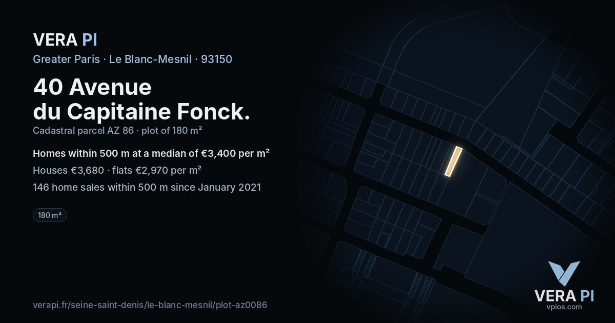 40 Avenue du Capitaine Fonck, Le Blanc-Mesnil at night – the plot lit, the parcels around coloured by the prices near them
