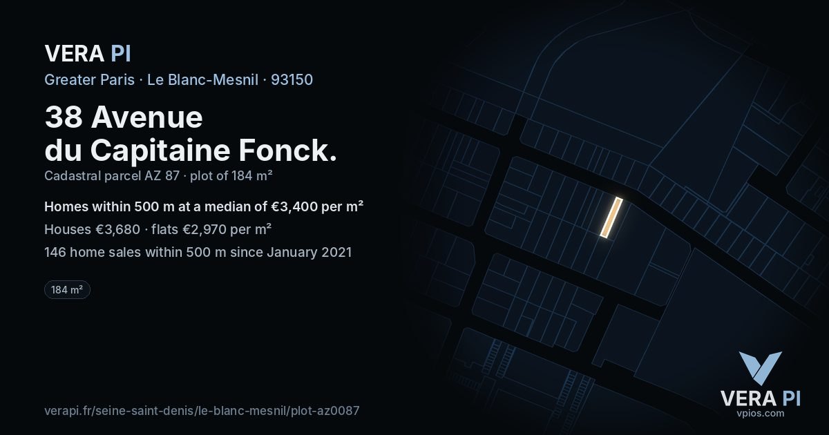38 Avenue du Capitaine Fonck, Le Blanc-Mesnil at night – the plot lit, the parcels around coloured by the prices near them