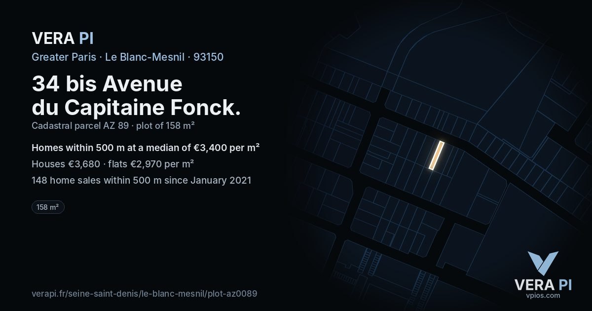 34 bis Avenue du Capitaine Fonck, Le Blanc-Mesnil at night – the plot lit, the parcels around coloured by the prices near them