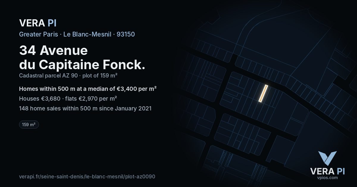 34 Avenue du Capitaine Fonck, Le Blanc-Mesnil at night – the plot lit, the parcels around coloured by the prices near them