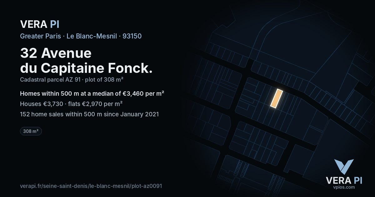 32 Avenue du Capitaine Fonck, Le Blanc-Mesnil at night – the plot lit, the parcels around coloured by the prices near them