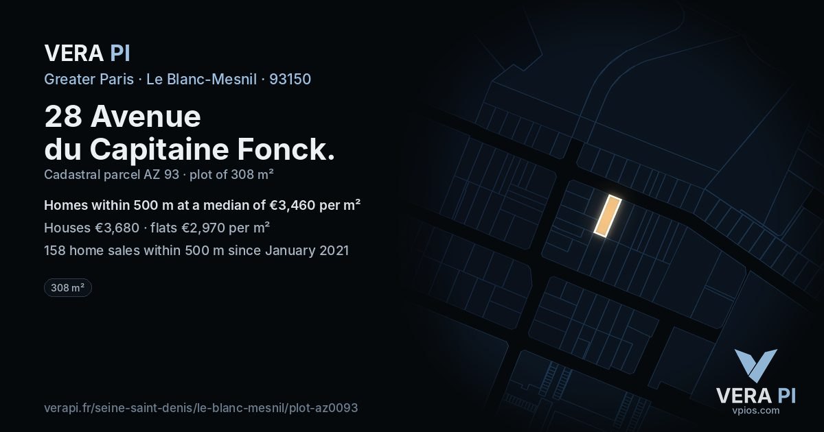 28 Avenue du Capitaine Fonck, Le Blanc-Mesnil at night – the plot lit, the parcels around coloured by the prices near them