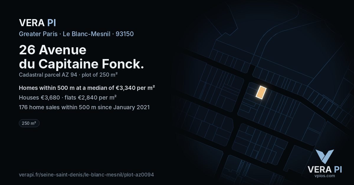 26 Avenue du Capitaine Fonck, Le Blanc-Mesnil at night – the plot lit, the parcels around coloured by the prices near them