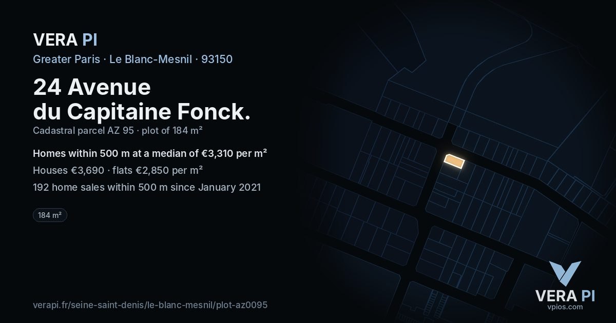 24 Avenue du Capitaine Fonck, Le Blanc-Mesnil at night – the plot lit, the parcels around coloured by the prices near them