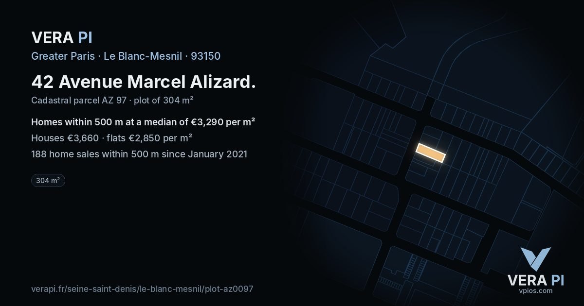 42 Avenue Marcel Alizard, Le Blanc-Mesnil at night – the plot lit, the parcels around coloured by the prices near them