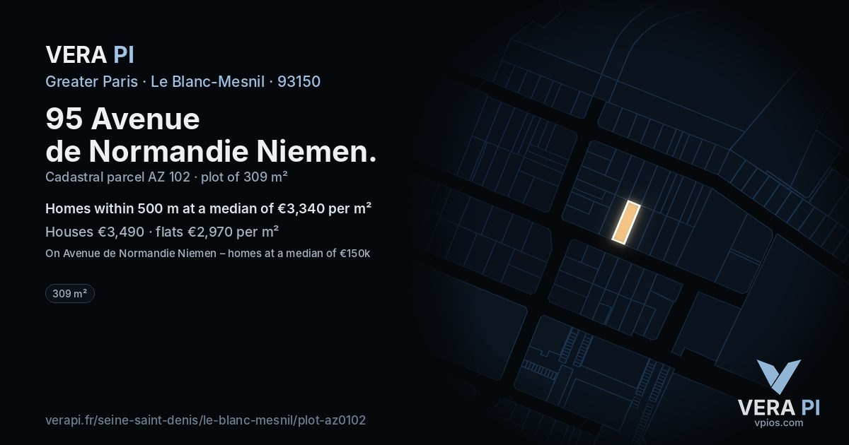 95 Avenue de Normandie Niemen, Le Blanc-Mesnil at night – the plot lit, the parcels around coloured by the prices near them