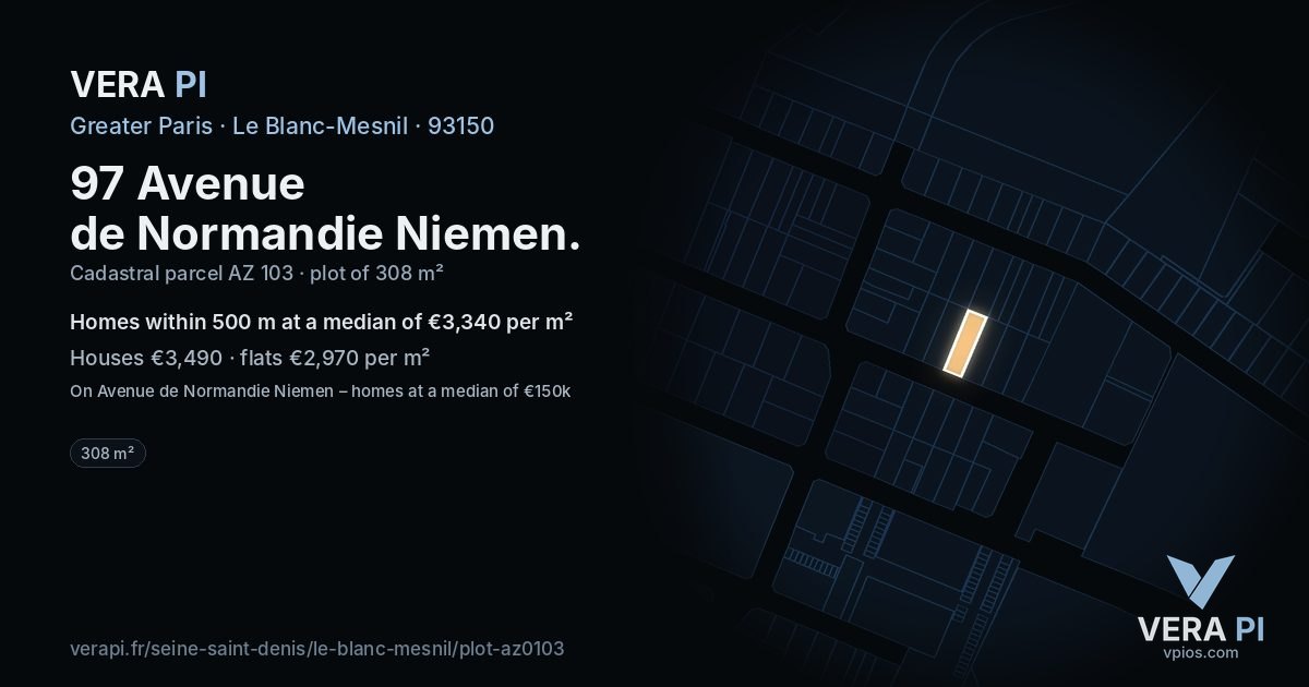 97 Avenue de Normandie Niemen, Le Blanc-Mesnil at night – the plot lit, the parcels around coloured by the prices near them