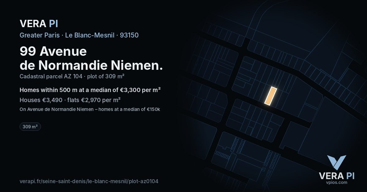 99 Avenue de Normandie Niemen, Le Blanc-Mesnil at night – the plot lit, the parcels around coloured by the prices near them