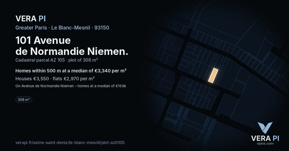 101 Avenue de Normandie Niemen, Le Blanc-Mesnil at night – the plot lit, the parcels around coloured by the prices near them
