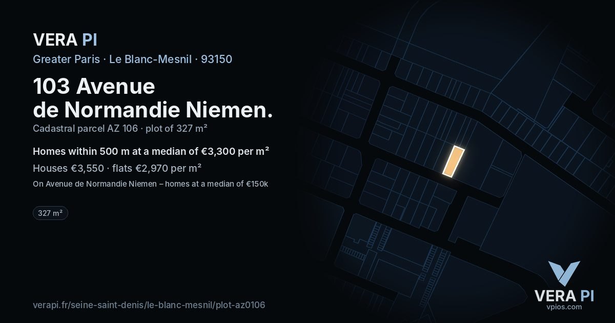 103 Avenue de Normandie Niemen, Le Blanc-Mesnil at night – the plot lit, the parcels around coloured by the prices near them