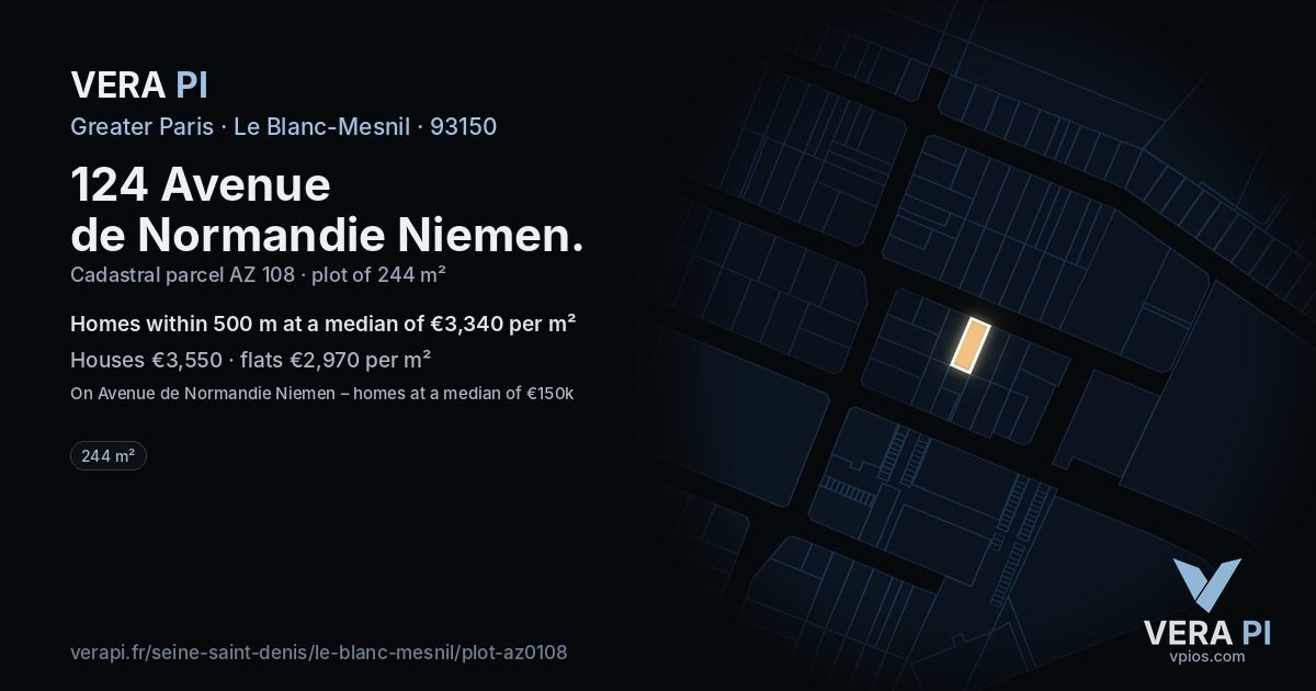 124 Avenue de Normandie Niemen, Le Blanc-Mesnil at night – the plot lit, the parcels around coloured by the prices near them