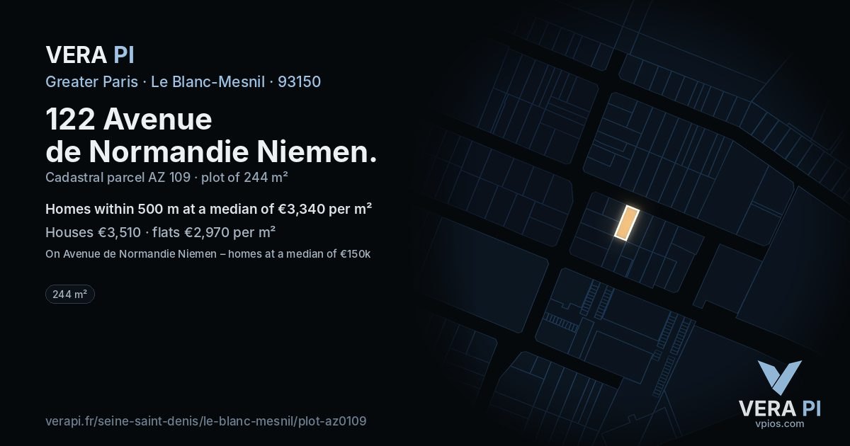 122 Avenue de Normandie Niemen, Le Blanc-Mesnil at night – the plot lit, the parcels around coloured by the prices near them