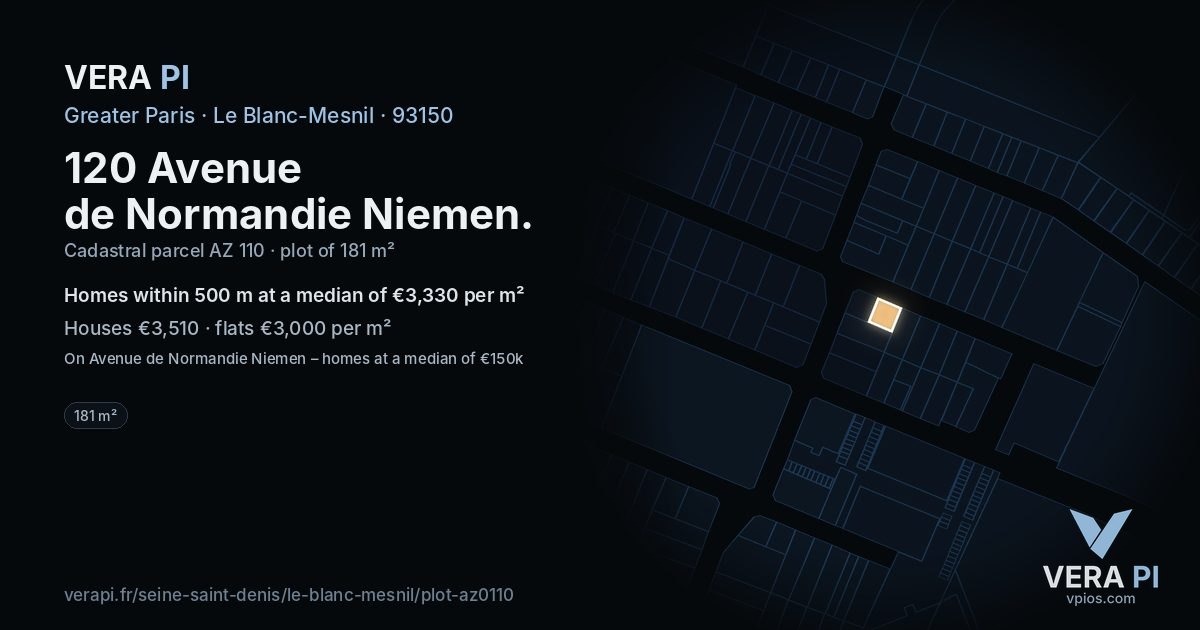 120 Avenue de Normandie Niemen, Le Blanc-Mesnil at night – the plot lit, the parcels around coloured by the prices near them