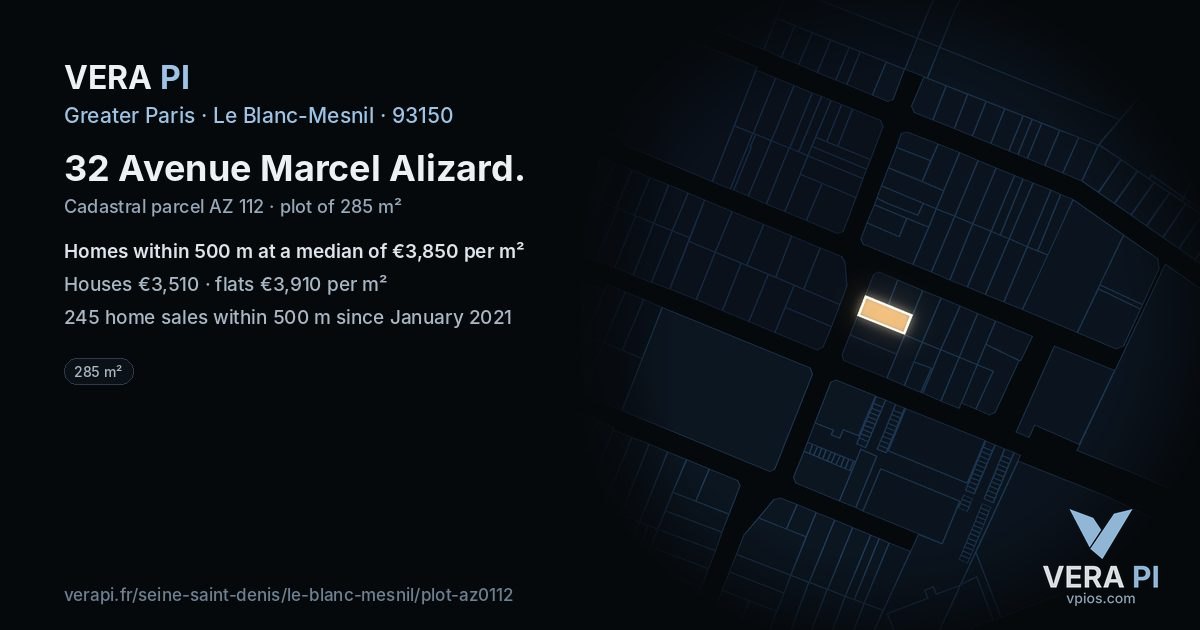 32 Avenue Marcel Alizard, Le Blanc-Mesnil at night – the plot lit, the parcels around coloured by the prices near them