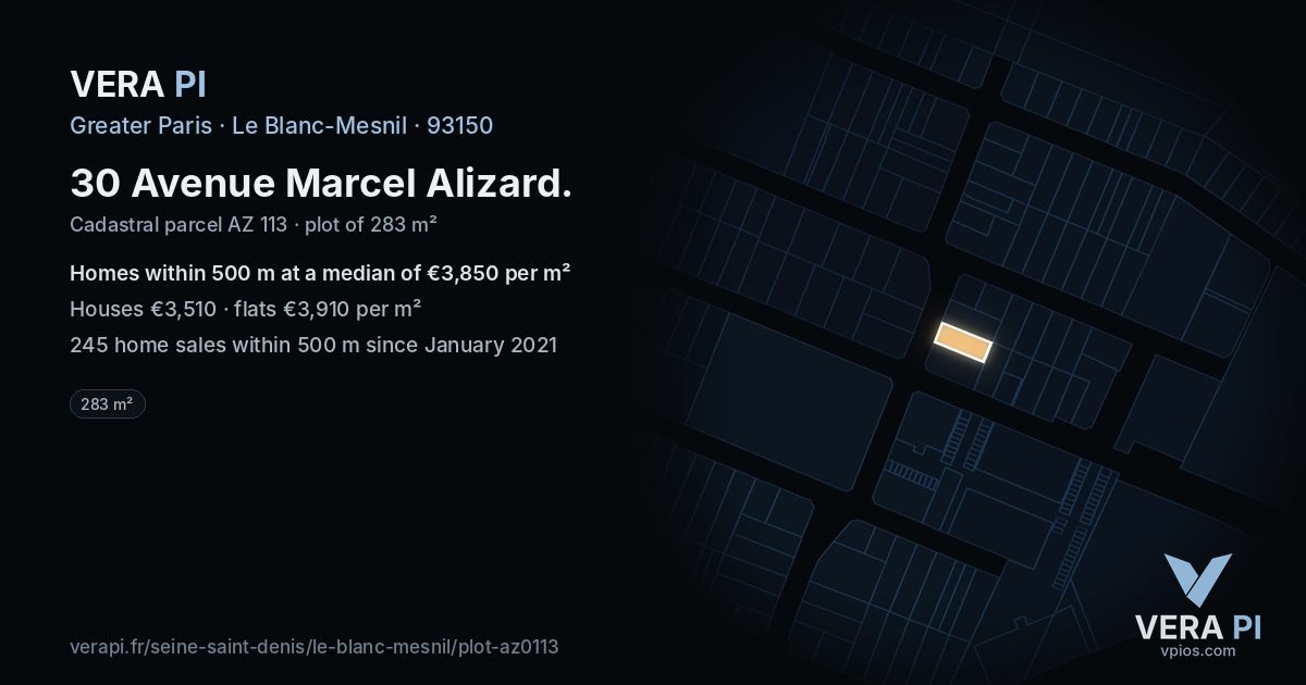30 Avenue Marcel Alizard, Le Blanc-Mesnil at night – the plot lit, the parcels around coloured by the prices near them