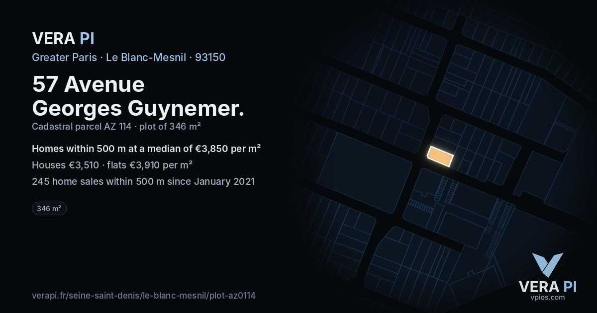 57 Avenue Georges Guynemer, Le Blanc-Mesnil at night – the plot lit, the parcels around coloured by the prices near them