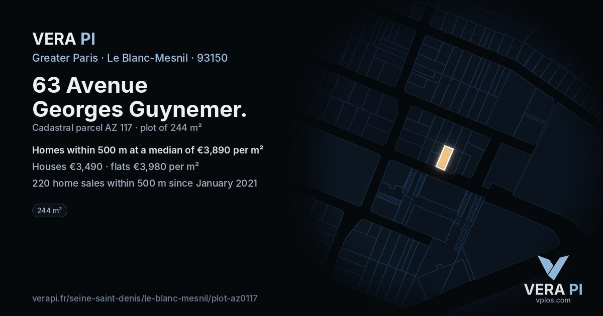 63 Avenue Georges Guynemer, Le Blanc-Mesnil at night – the plot lit, the parcels around coloured by the prices near them