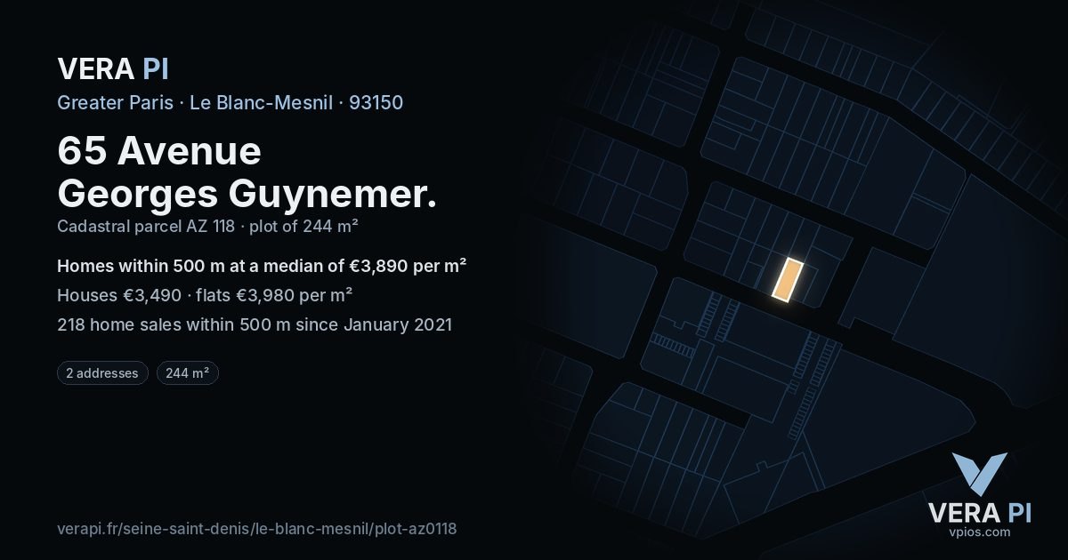 65 Avenue Georges Guynemer, Le Blanc-Mesnil at night – the plot lit, the parcels around coloured by the prices near them