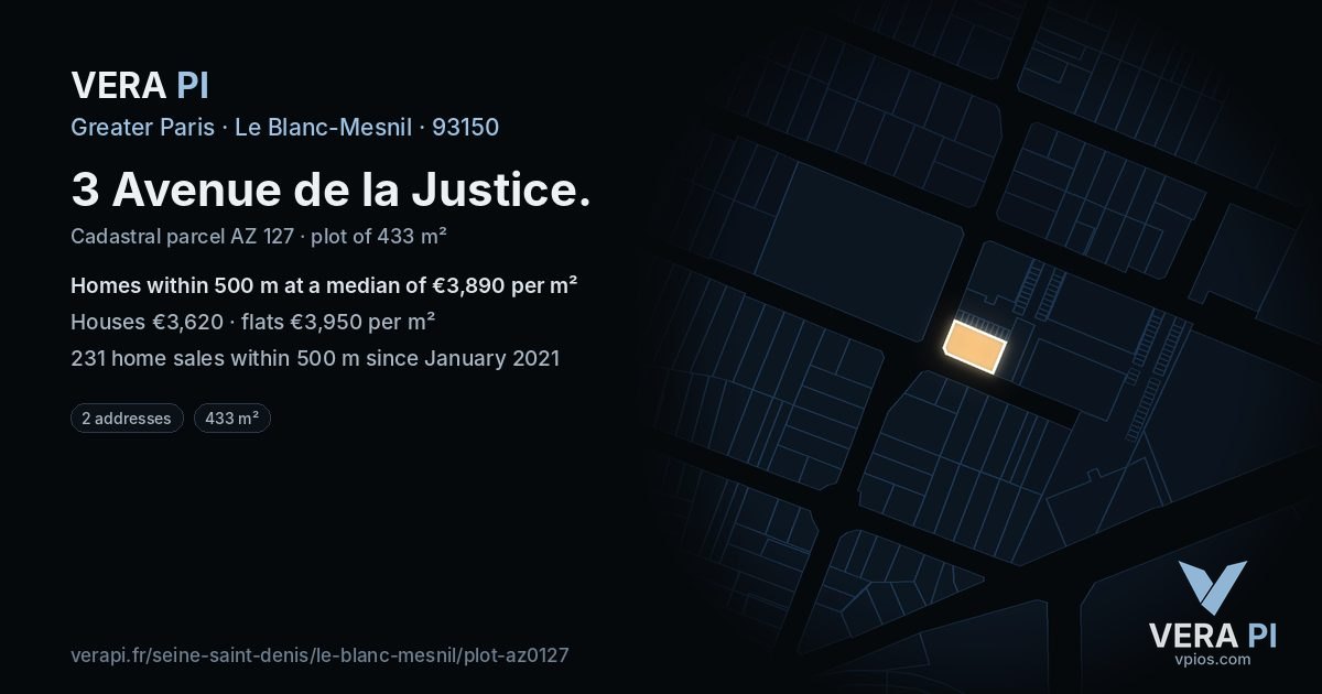3 Avenue de la Justice, Le Blanc-Mesnil at night – the plot lit, the parcels around coloured by the prices near them