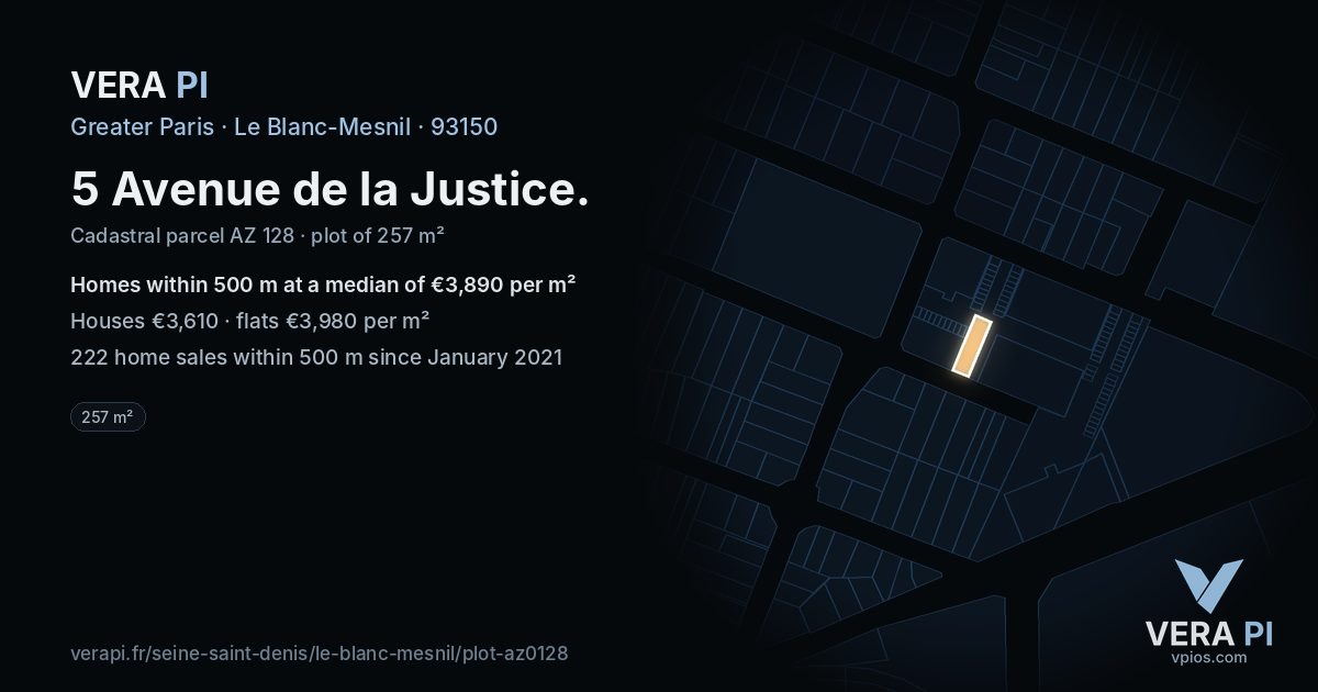 5 Avenue de la Justice, Le Blanc-Mesnil at night – the plot lit, the parcels around coloured by the prices near them