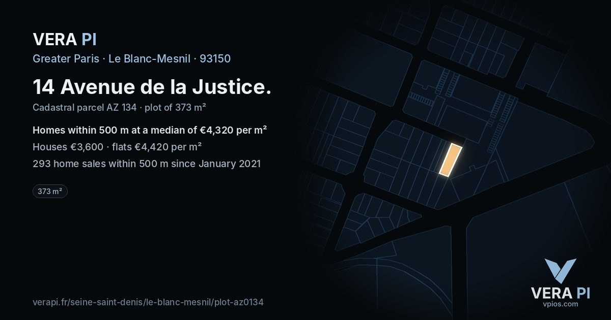 14 Avenue de la Justice, Le Blanc-Mesnil at night – the plot lit, the parcels around coloured by the prices near them
