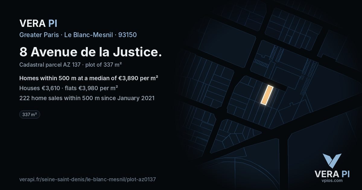 8 Avenue de la Justice, Le Blanc-Mesnil at night – the plot lit, the parcels around coloured by the prices near them