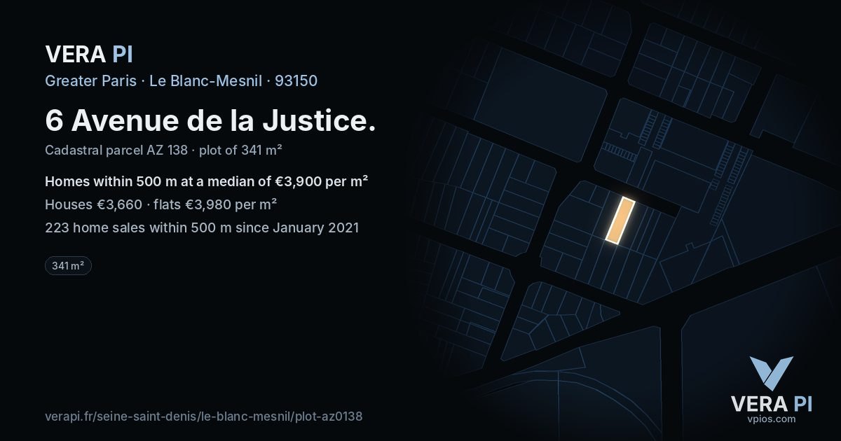 6 Avenue de la Justice, Le Blanc-Mesnil at night – the plot lit, the parcels around coloured by the prices near them