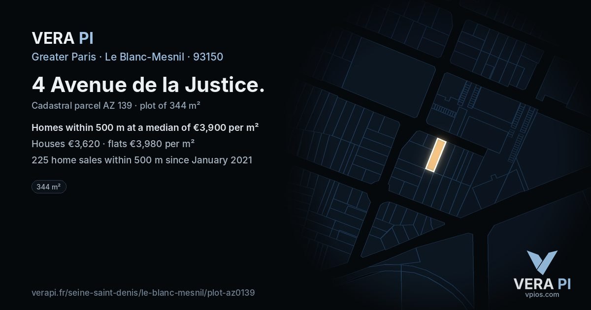 4 Avenue de la Justice, Le Blanc-Mesnil at night – the plot lit, the parcels around coloured by the prices near them