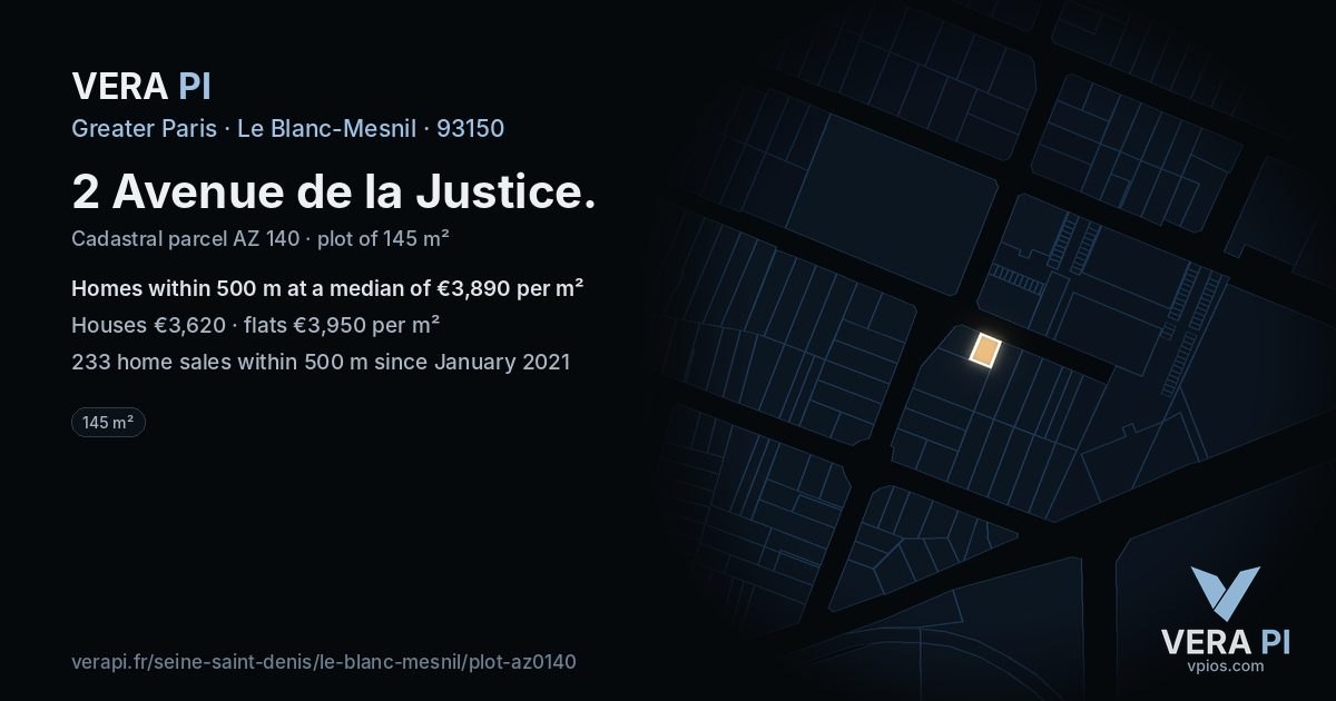 2 Avenue de la Justice, Le Blanc-Mesnil at night – the plot lit, the parcels around coloured by the prices near them