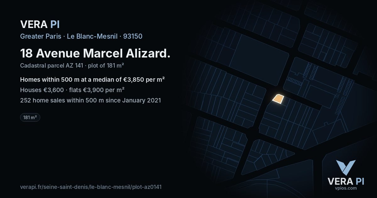 18 Avenue Marcel Alizard, Le Blanc-Mesnil at night – the plot lit, the parcels around coloured by the prices near them