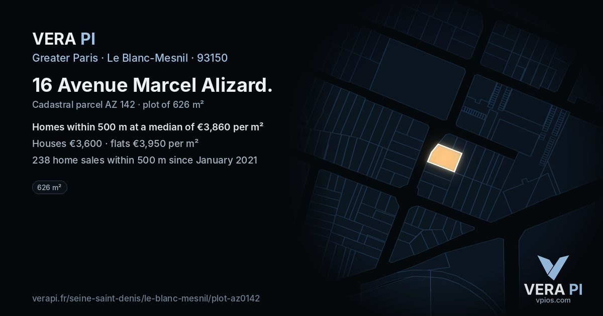 16 Avenue Marcel Alizard, Le Blanc-Mesnil at night – the plot lit, the parcels around coloured by the prices near them