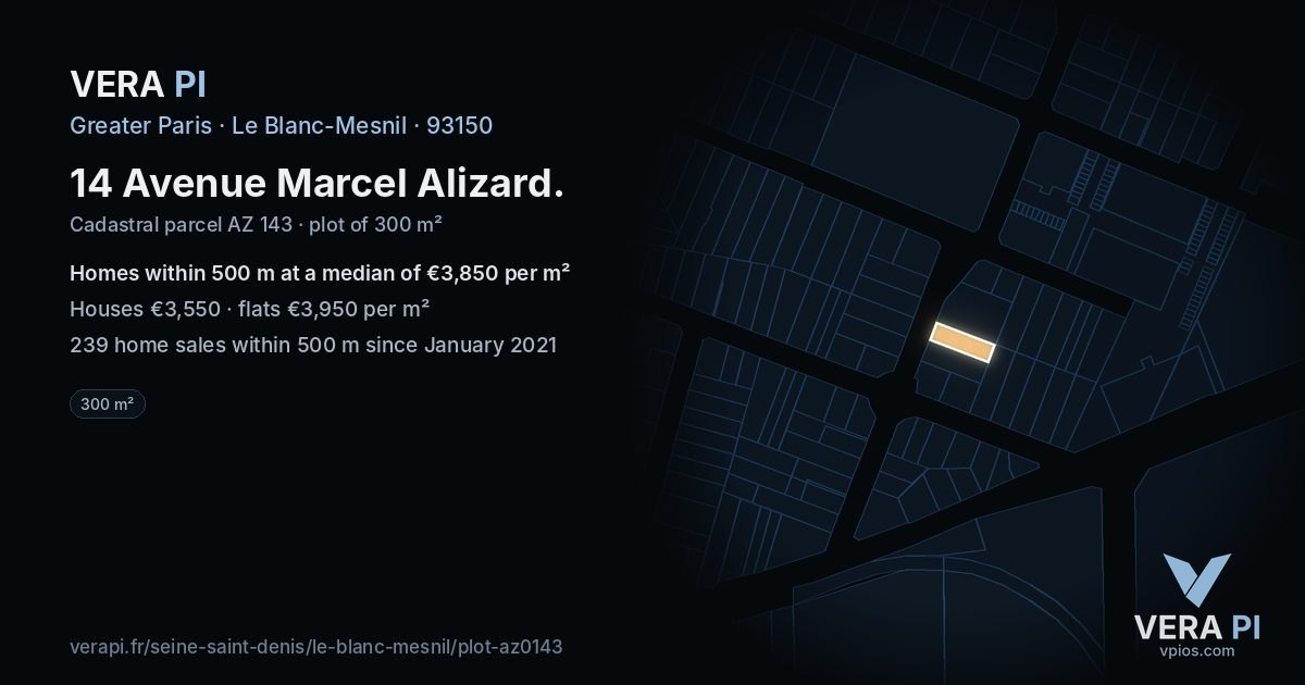 14 Avenue Marcel Alizard, Le Blanc-Mesnil at night – the plot lit, the parcels around coloured by the prices near them