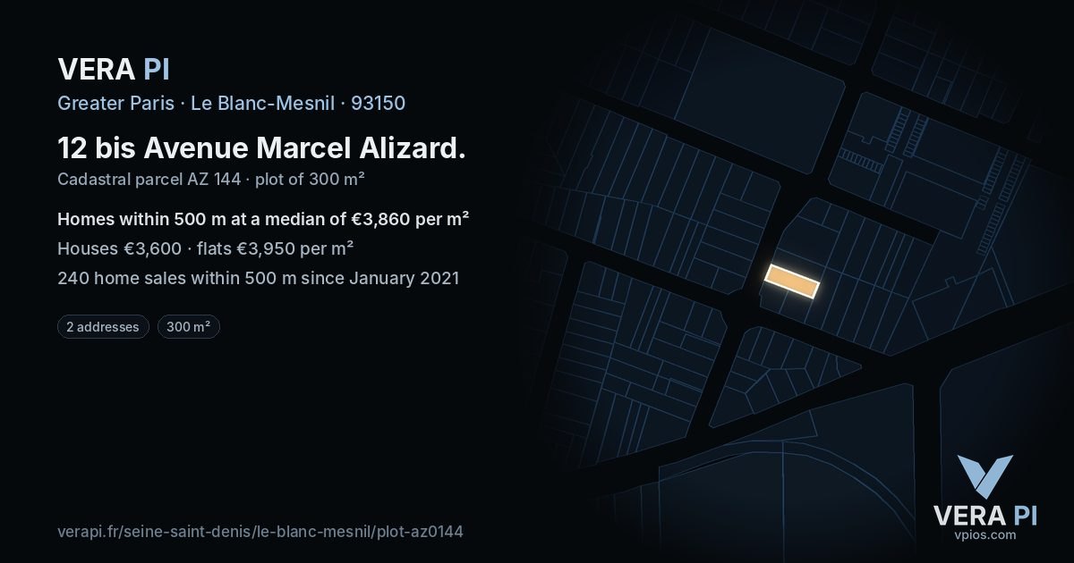 12 bis Avenue Marcel Alizard, Le Blanc-Mesnil at night – the plot lit, the parcels around coloured by the prices near them