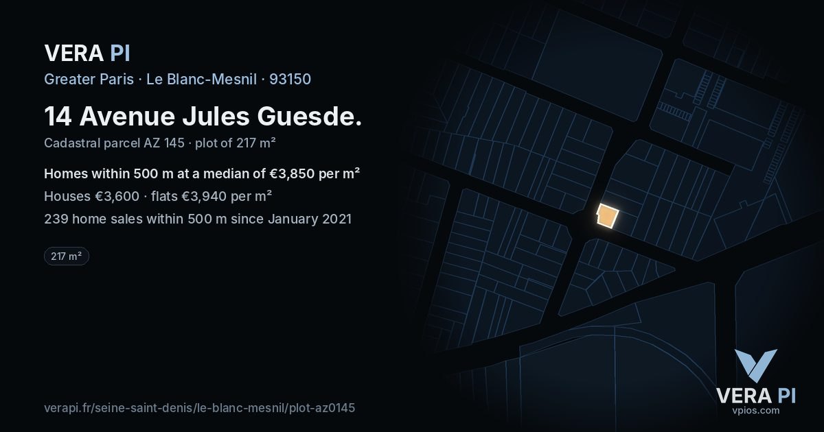 14 Avenue Jules Guesde, Le Blanc-Mesnil at night – the plot lit, the parcels around coloured by the prices near them
