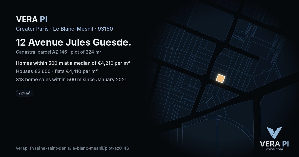 12 Avenue Jules Guesde, Le Blanc-Mesnil at night – the plot lit, the parcels around coloured by the prices near them