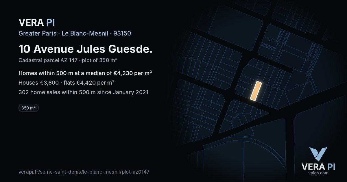 10 Avenue Jules Guesde, Le Blanc-Mesnil at night – the plot lit, the parcels around coloured by the prices near them