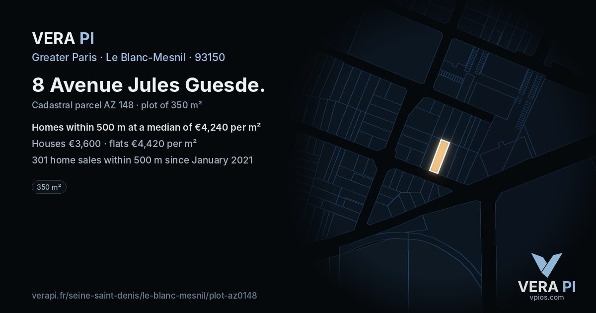 8 Avenue Jules Guesde, Le Blanc-Mesnil at night – the plot lit, the parcels around coloured by the prices near them