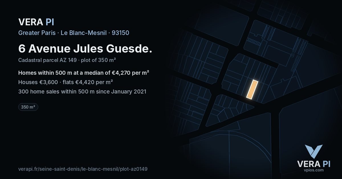 6 Avenue Jules Guesde, Le Blanc-Mesnil at night – the plot lit, the parcels around coloured by the prices near them