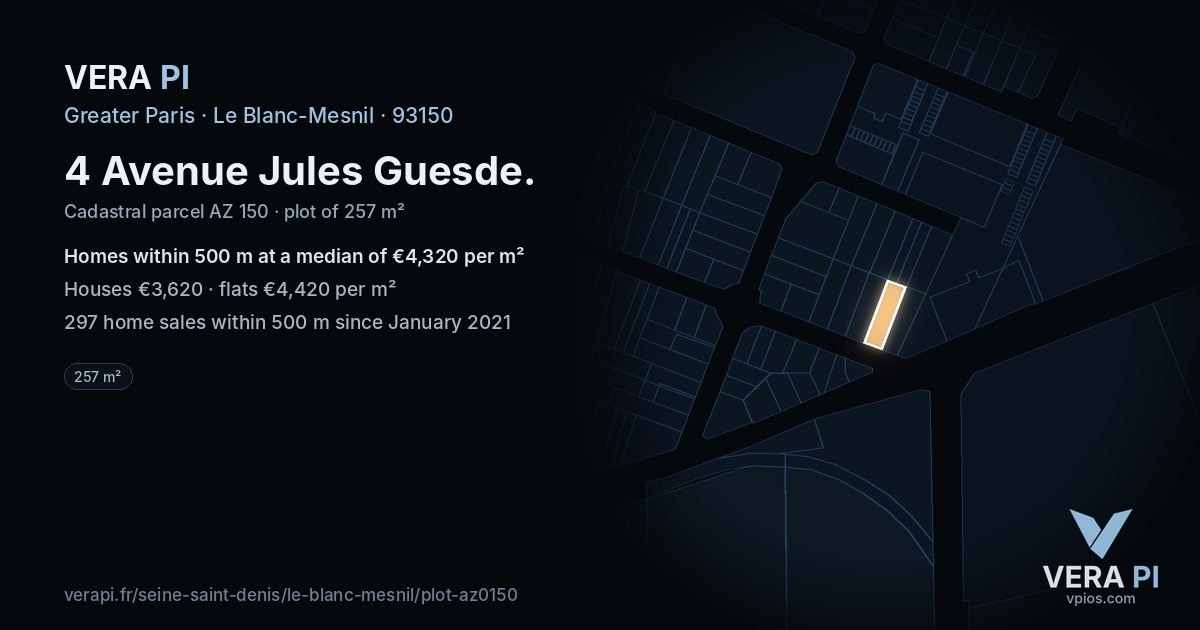 4 Avenue Jules Guesde, Le Blanc-Mesnil at night – the plot lit, the parcels around coloured by the prices near them