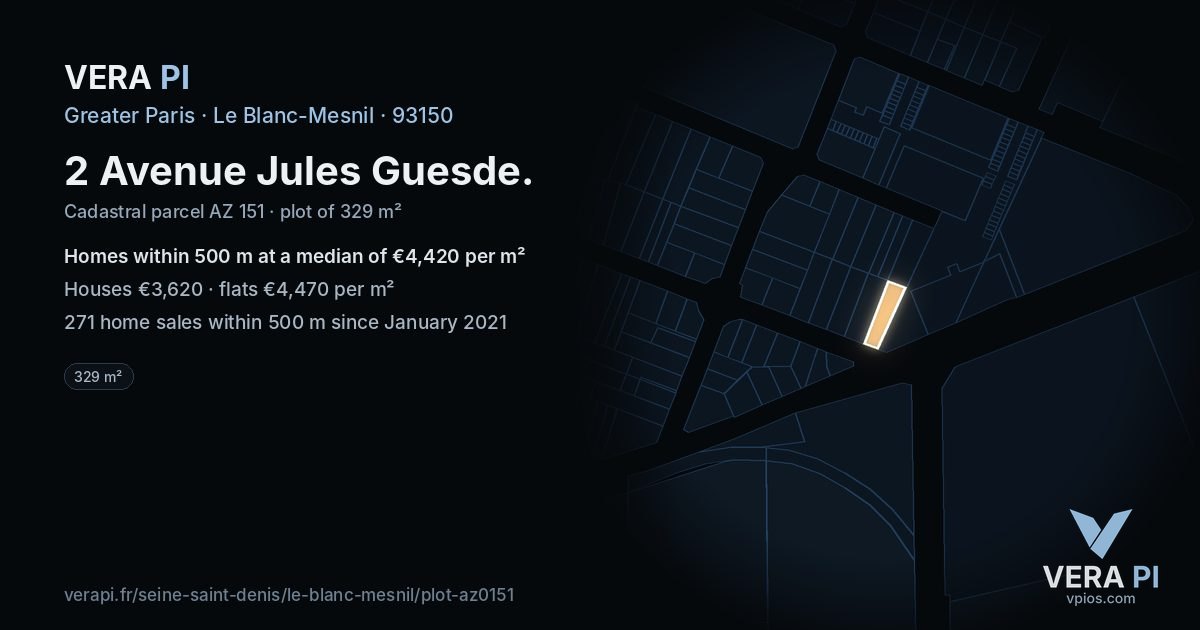 2 Avenue Jules Guesde, Le Blanc-Mesnil at night – the plot lit, the parcels around coloured by the prices near them