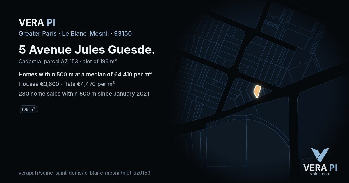 5 Avenue Jules Guesde, Le Blanc-Mesnil at night – the plot lit, the parcels around coloured by the prices near them