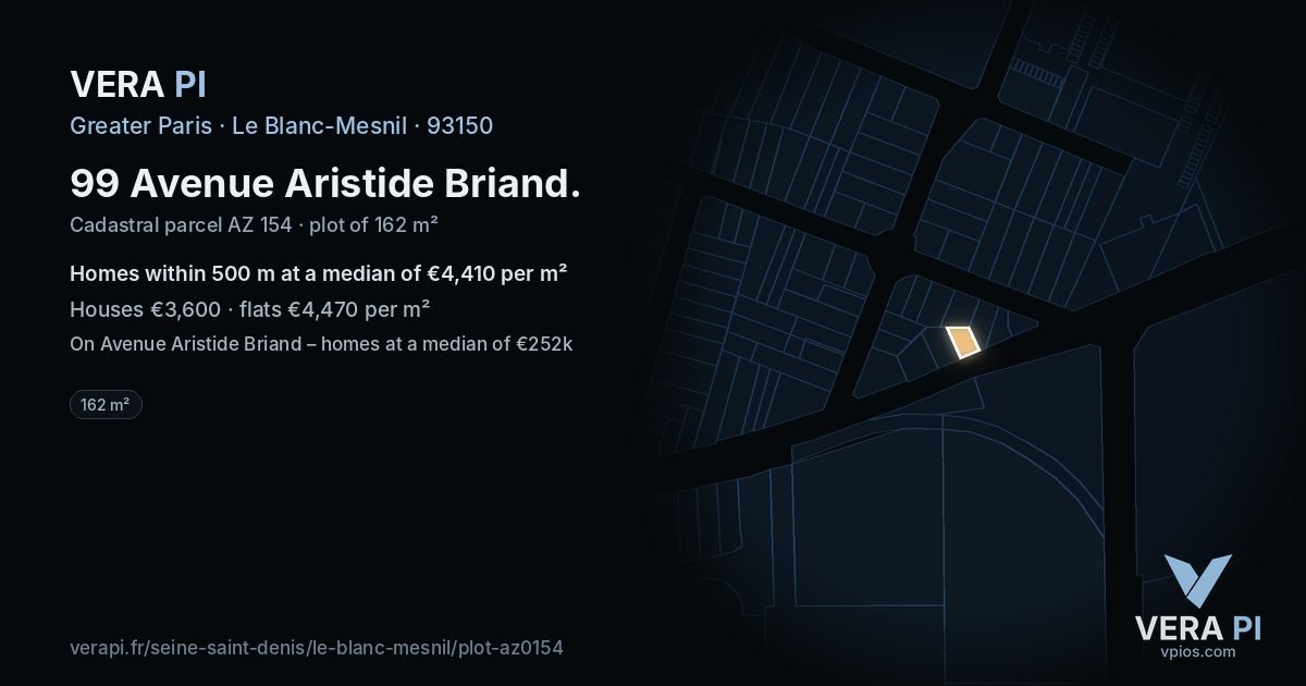 99 Avenue Aristide Briand, Le Blanc-Mesnil at night – the plot lit, the parcels around coloured by the prices near them