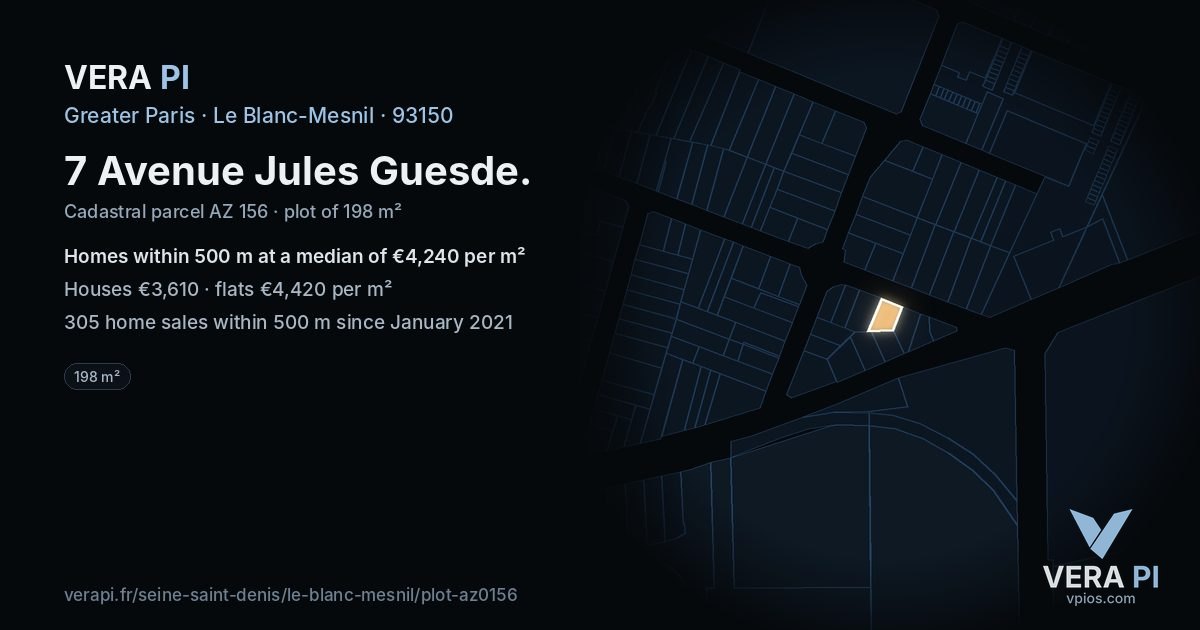 7 Avenue Jules Guesde, Le Blanc-Mesnil at night – the plot lit, the parcels around coloured by the prices near them