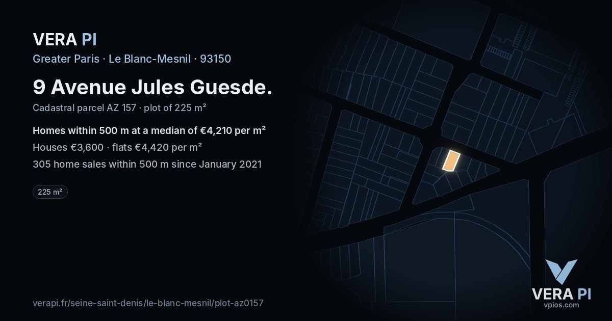 9 Avenue Jules Guesde, Le Blanc-Mesnil at night – the plot lit, the parcels around coloured by the prices near them