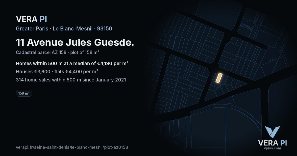11 Avenue Jules Guesde, Le Blanc-Mesnil at night – the plot lit, the parcels around coloured by the prices near them