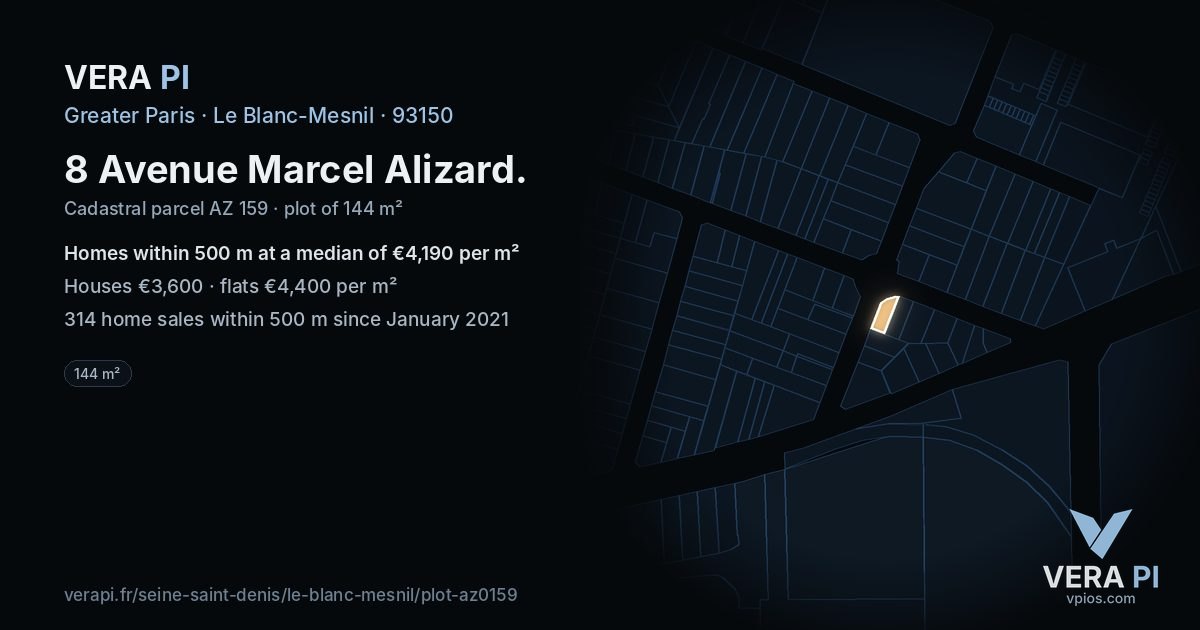 8 Avenue Marcel Alizard, Le Blanc-Mesnil at night – the plot lit, the parcels around coloured by the prices near them