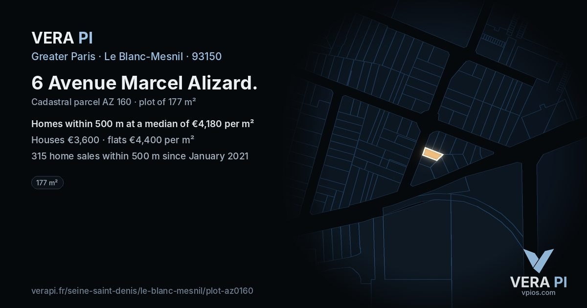 6 Avenue Marcel Alizard, Le Blanc-Mesnil at night – the plot lit, the parcels around coloured by the prices near them