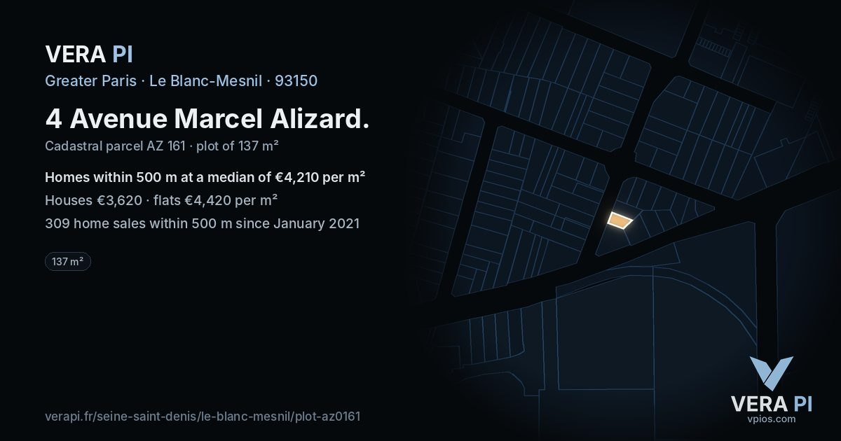 4 Avenue Marcel Alizard, Le Blanc-Mesnil at night – the plot lit, the parcels around coloured by the prices near them