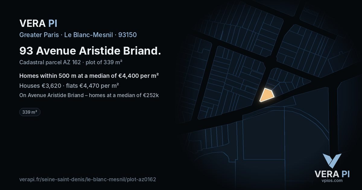 93 Avenue Aristide Briand, Le Blanc-Mesnil at night – the plot lit, the parcels around coloured by the prices near them