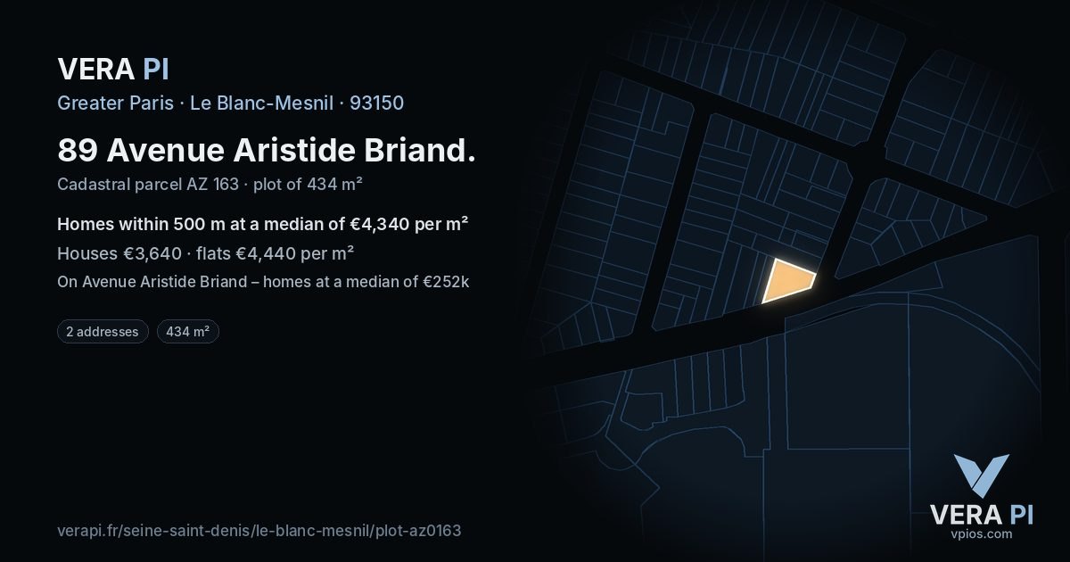 89 Avenue Aristide Briand, Le Blanc-Mesnil at night – the plot lit, the parcels around coloured by the prices near them